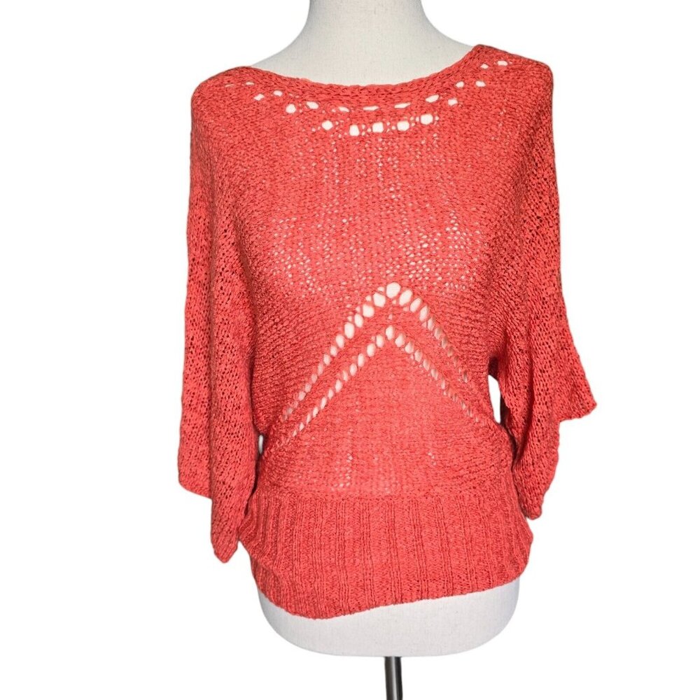 Valerie Bertinelli Sweater Womens Small Coral Stretch Kimono Sleeve Crochet Boho - Picture 1 of 16